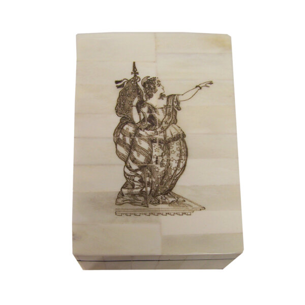 Scrimshaw/Bone & Horn Boxes Early American 5-1/4 x 3-1/4 x 2″ bone box with removable lid etched with LADY LIBERTY. The interior is lined with felt.
