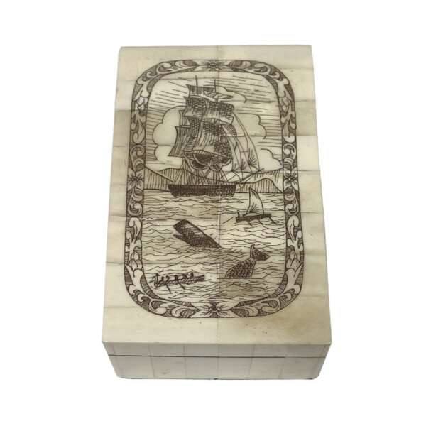 Scrimshaw/Bone & Horn Boxes Nautical 5 x 3 x 2″ bone box with removable lid and felt lining.