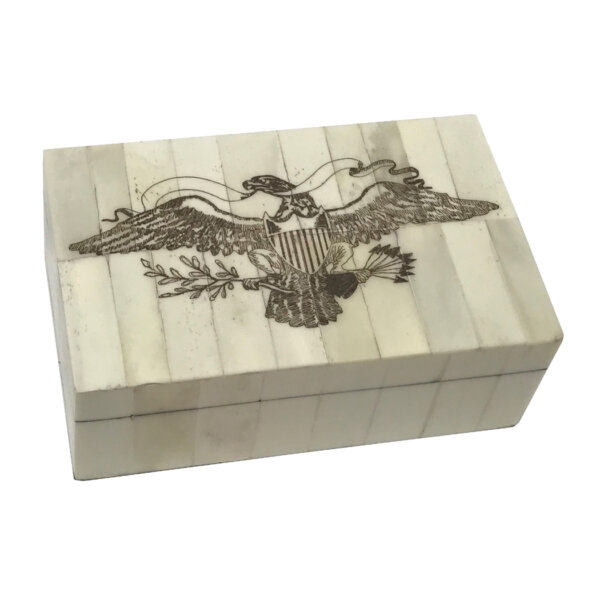 Scrimshaw/Bone & Horn Boxes Early American 5-1/4″ Eagle Engraved Scrimshaw Bone Box- Antique Reproduction