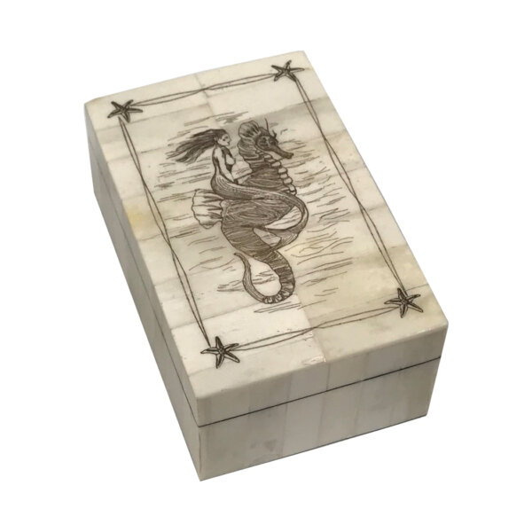 Scrimshaw/Bone & Horn Boxes Nautical 5-1/4″ Seahorse and Mermaid Scrimshaw Bone Box with Lift-Off Lid- Antique Vintage Style
