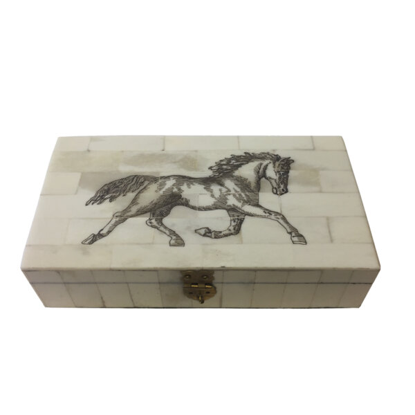 Scrimshaw/Bone & Horn Boxes Equestrian 6-1/4″ Horse Equestrian Engraved Bone Box- Antique Reproduction