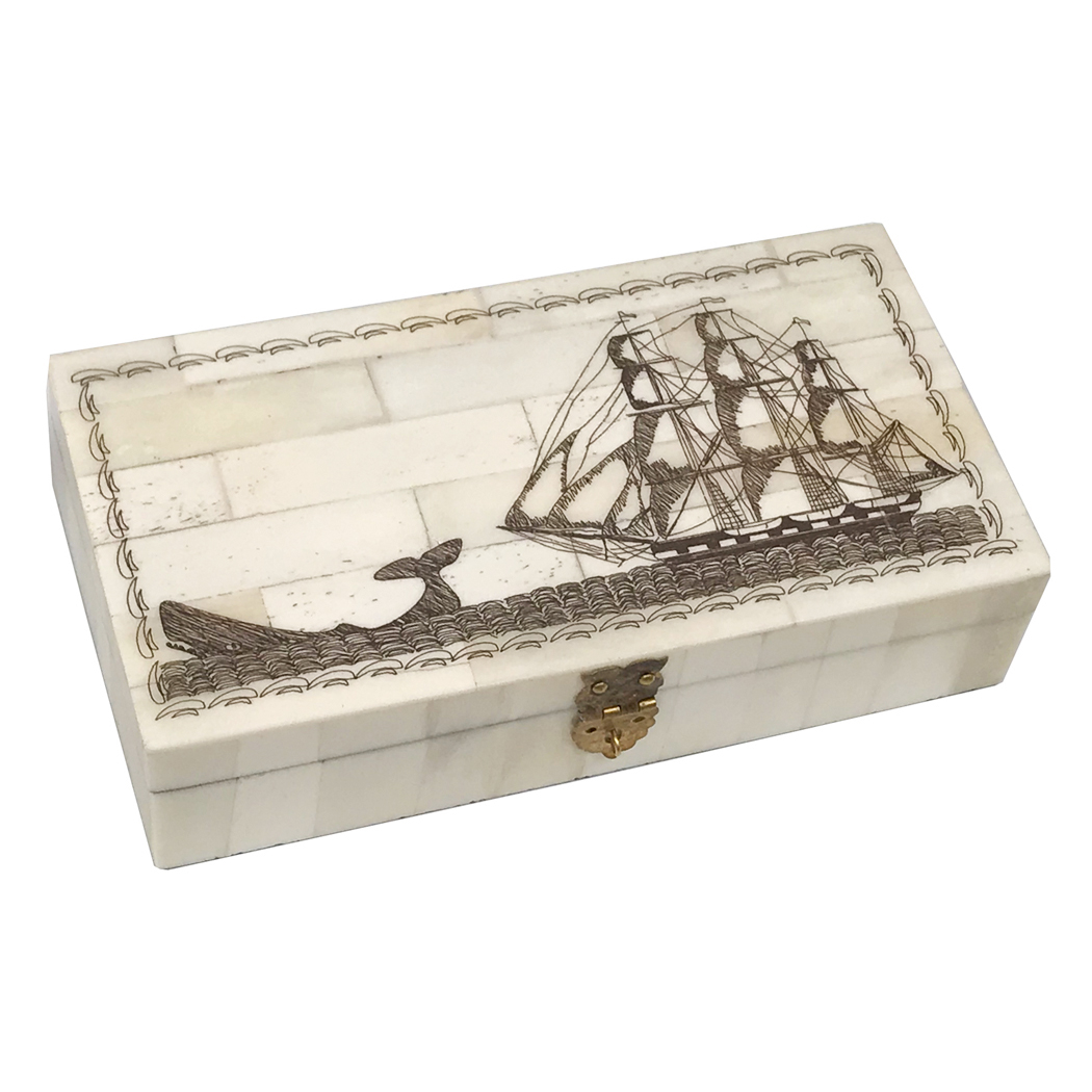 Scrimshaw/Horn & Bone Boxes Nautical 6-1/4″ Engraved Whale Chase Scrimshaw Bone B ...