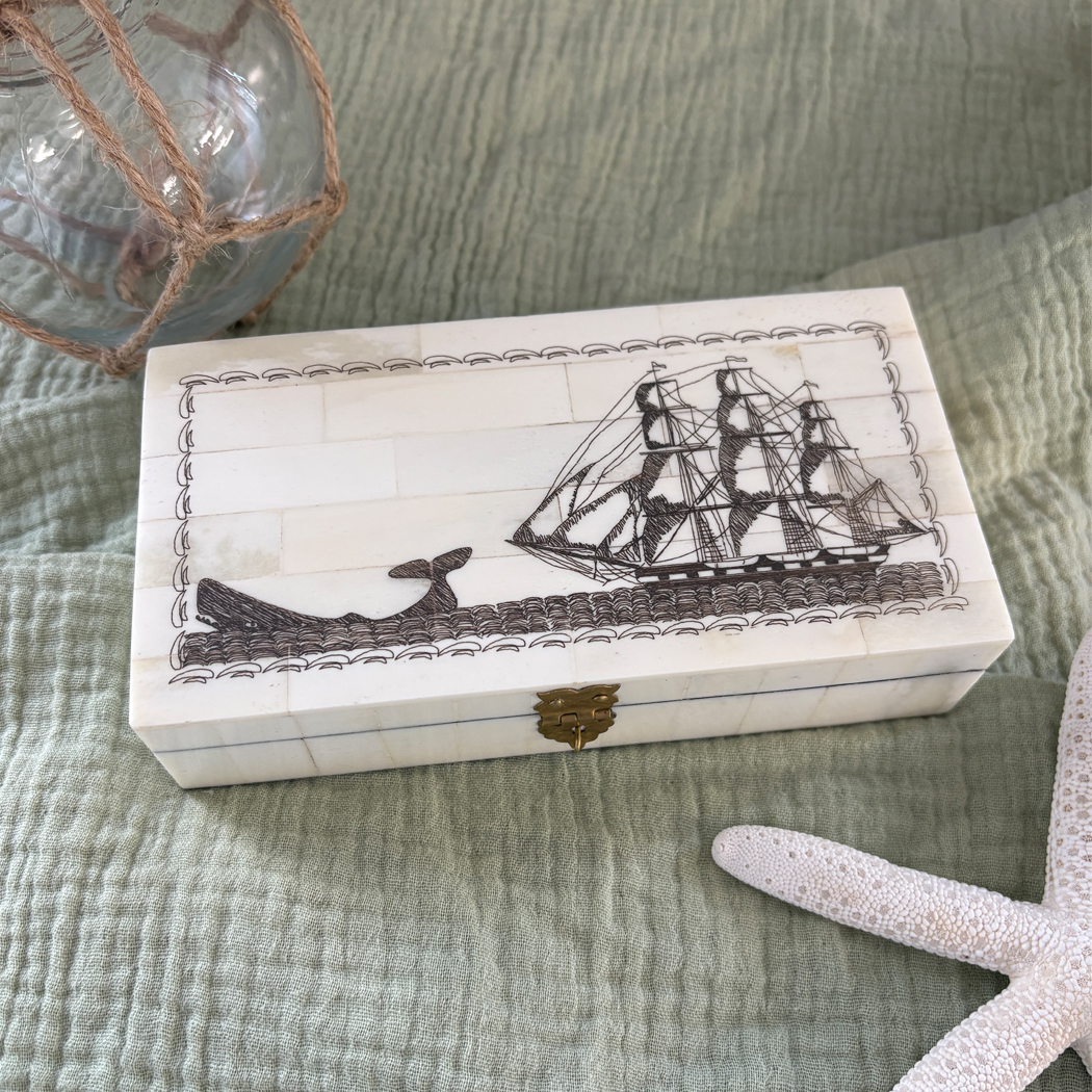 Scrimshaw/Horn & Bone Boxes Nautical 6-1/4″ Engraved Whale Chase Scrimshaw Bone B ...