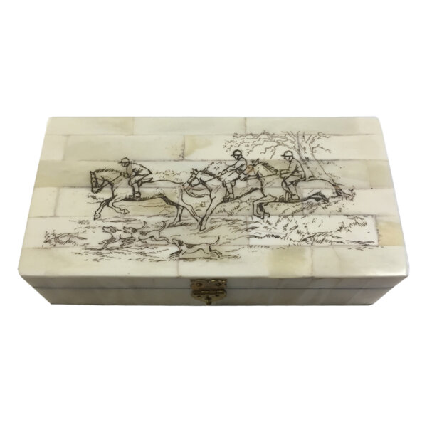 Scrimshaw/Bone & Horn Boxes Equestrian 6-1/4″ Fox Hunting Engraved Scrimshaw Bone Box- Antique Reproduction