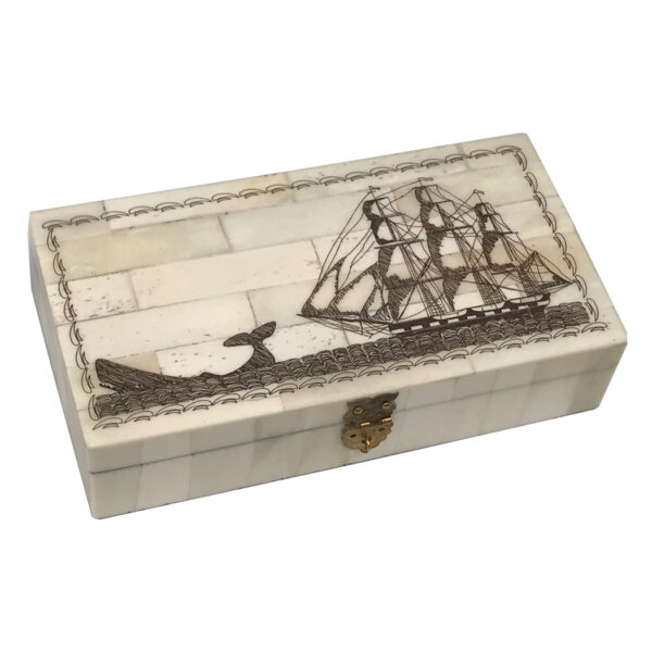 Scrimshaw/Bone & Horn Boxes Nautical 6-1/4″ Engraved Whale Chase Scrimshaw Bone Box- Antique Reproduction