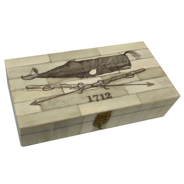 Scrimshaw/Bone & Horn Boxes Nautical 6-1/4″ Whale and Harpoons 1712 Engraved Scrimshaw Bone Box- Antique Reproduction