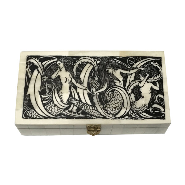 Scrimshaw/Bone & Horn Boxes Nautical 6-1/4″ Mermaids Engraved Bone Box with Hinged Lid- Antique Reproduction