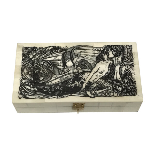Scrimshaw/Bone & Horn Boxes Nautical 6-1/4″ Mermaid with Goddess Juno Engraved Bone Box- Antique Vintage Style