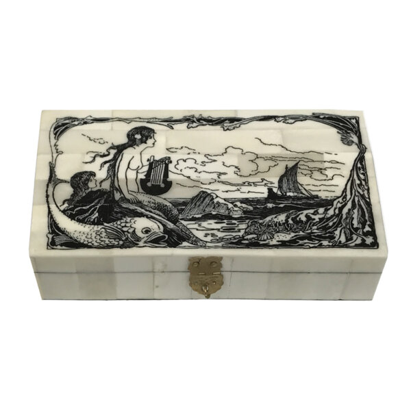 Scrimshaw/Bone & Horn Boxes Nautical 6-1/4″ Mermaid with Harp Engraved Bone Box with Hinged Lid- Antique Reproduction