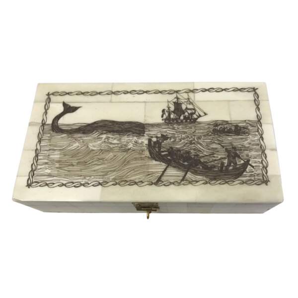 Scrimshaw/Bone & Horn Boxes Nautical 6-1/4″ Whaling Long Boats Etched Scrimshaw Bone Box- Antique Reproduction