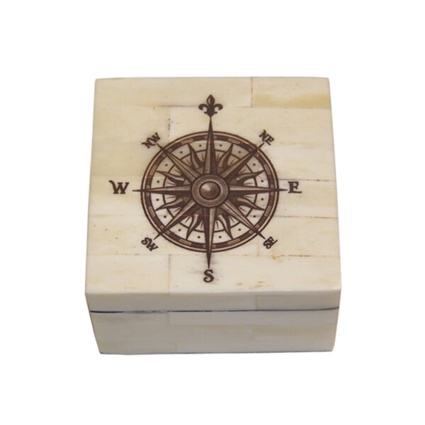 Scrimshaw/Bone & Horn Boxes Nautical 3-1/4″ Etched Compass Rose Vintage Scrimshaw Bone Box Antique Reproduction with Lift-Off Lid