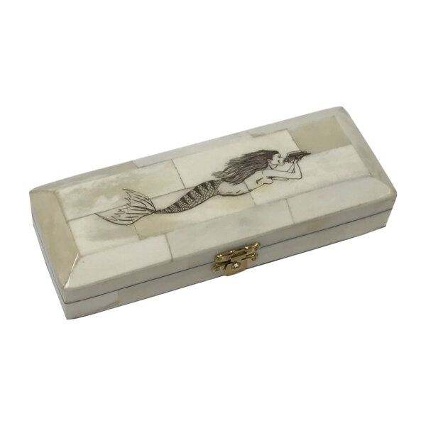 Scrimshaw/Bone & Horn Boxes Nautical 6-1/2″ Mermaid Engraved Scrimshaw Postage Stamp Bone Box with Brass Hinges and Clasp- Antique Vintage Style