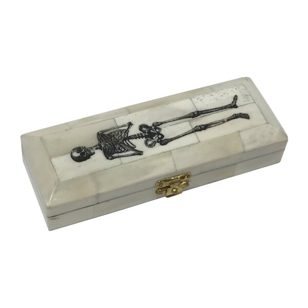 Scrimshaw/Bone & Horn Boxes Halloween 6-1/2″ Skeleton-on-Coffin Black Engraved Scrimshaw Ox Bone Postage Stamp Box Antique Reproduction
