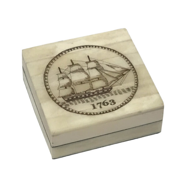 Scrimshaw/Bone & Horn Boxes Nautical 1763 Ship Engraved Scrimshaw Ox Bone Compass Box with Inlaid Brass Compass Antique Reproduction –  3″ x 3″ x 1-1/8″