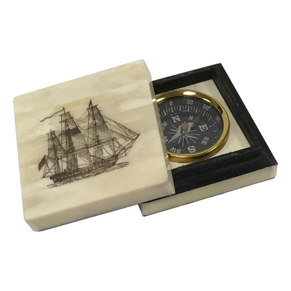 Scrimshaw/Bone & Horn Boxes Nautical American Frigate Engraved Scrimshaw Ox Bone Compass Box with Inlaid Brass Compass- Antique Reproduction
