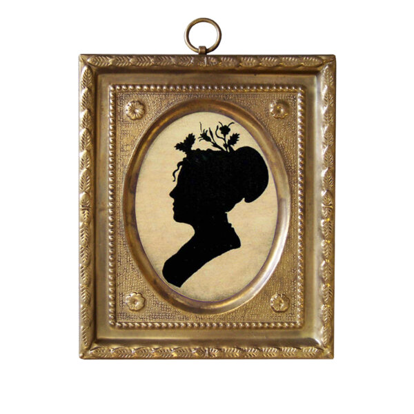Early American Early American Woman by Bache Miniature Silhouette in 4-1/2″ Embossed Brass Frame