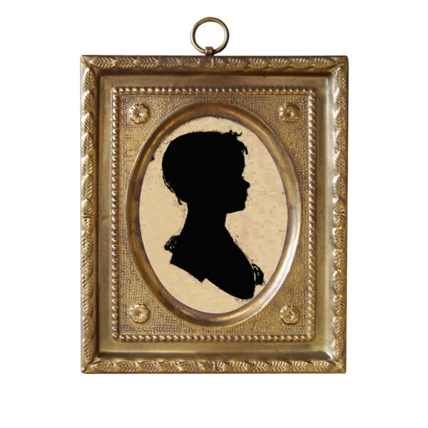 4-1/2" Miniature Silhouette of Girl by Doyle in Embossed Brass Frame- Antique Vintage Style