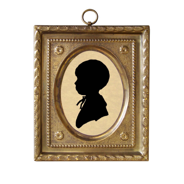Early American Early American 4-1/2″ Miniature Silhouette of Boy by Peale in Embossed Brass Frame- Antique Vintage Style