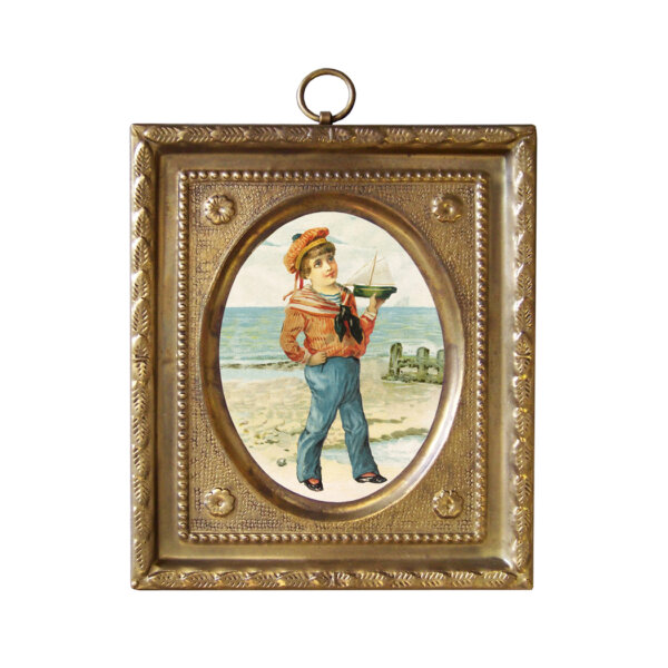 Nautical Nautical Reproduction print in an embossed brass 3-3/4 x 4-1/2″ frame with a fabric backing. Complete a set of four with items 6685CM –  6685CP –  6685CS.