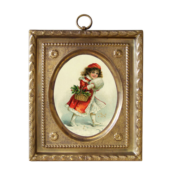 Christmas Christmas 4-1/2″ Victorian Girl with Basket of Holly Print in Embossed Brass Frame- Antique Vintage Style