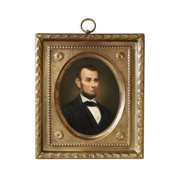 Portrait Revolutionary/Civil War Reproduction print in an embossed brass 3-3/4 x 4-1/2″ frame with a fabric backing.