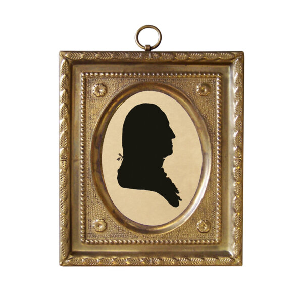 Early American Revolutionary/Civil War George Washington Miniature Silhouette in 4-1/2″ Embossed Brass Frame