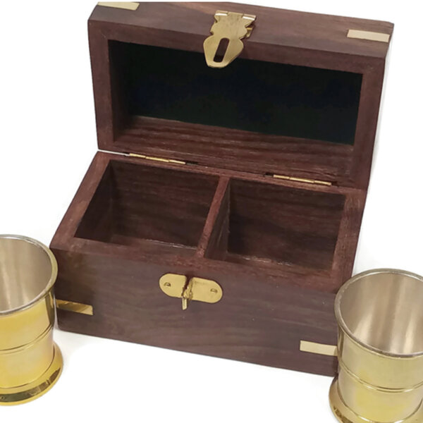 Nautical Decor & Souvenirs Nautical Set of 2 Polished Brass Rum Cups with Silver Plating in 4″ Rosewood Storage Box- Antique Reproduction
