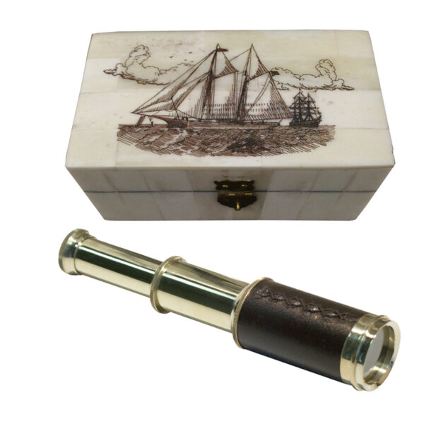 Scrimshaw/Bone & Horn Boxes Nautical 3″ Polished Brass Leather-Wrapped Antique Pocket 5X Telescope Reproduction and Engraved 4-3/4″ Schooner Ship Scrimshaw Bone Telescope Box