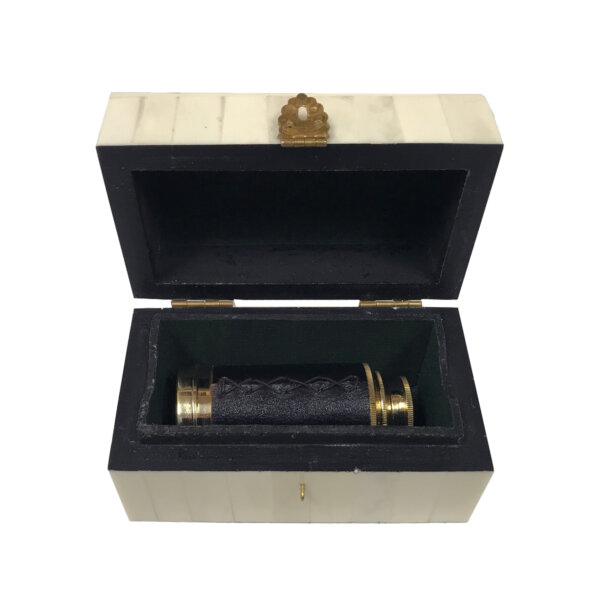 Scrimshaw/Bone & Horn Boxes Nautical 3″ Polished Brass Leather-Wrapped Antique Pocket 5X Telescope Reproduction and Engraved 4-3/4″ Schooner Ship Scrimshaw Bone Telescope Box