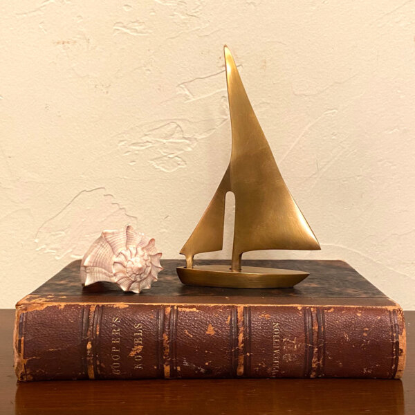 Desk Top Accessories Nautical 5-1/4″ Antiqued Brass Sail Boat Paper Weight or Tabletop Decor- Antique Vintage Style