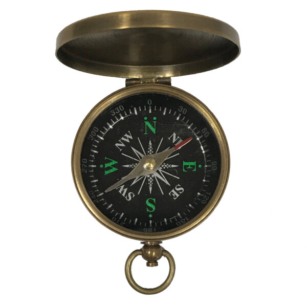 Compasses Nautical 1-3/4″ Brass Antiqued Compass with black face and flip-up lid.
