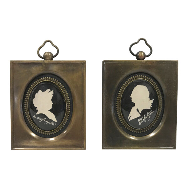 Early American Revolutionary/Civil War Set of Miniature George and Martha Washington Silhouettes in Antiqued Brass Frames – 2-5/8″ X 3″