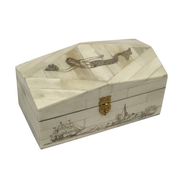Scrimshaw/Bone & Horn Boxes Nautical 6-1/2″ Engraved Mermaid and Harbor Scene Diamond-Top Scrimshaw Bone Box- Antique Vintage Style