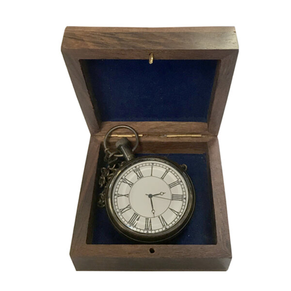 Early American Life Jewelry Antiqued Brass Pocket Watch with 3-1/4″ Wooden Box- Antique Vintage Style. Pull knob on watch up to stop watch from running. Back panel can be screwed off to replace battery.