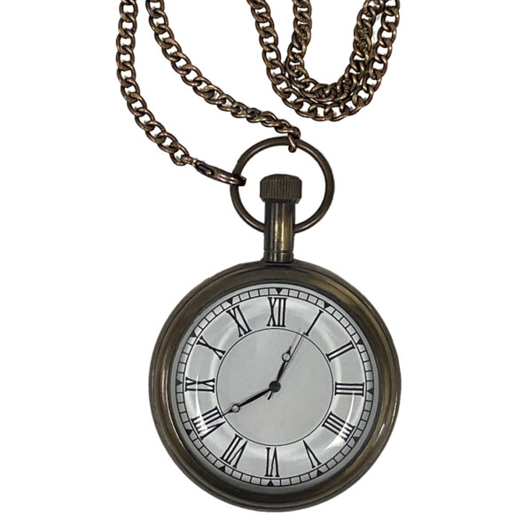 Early American Life Jewelry Antiqued Brass Pocket Watch with 3-1/4″ Wooden Box- Antique Vintage Style. Pull knob on watch up to stop watch from running. Back panel can be screwed off to replace battery.