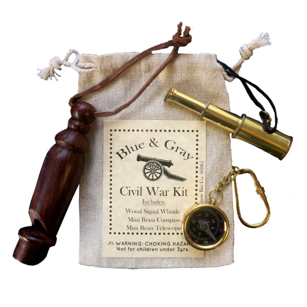 Toys & Games Revolutionary/Civil War Kit includes – 3-1/4″ Brass Telescope Necklace –  4″ Wood Whistle –  and 1-1/2″ Brass Compass Key Chain in a 4×5-1/2″ muslin bag with a draw string.