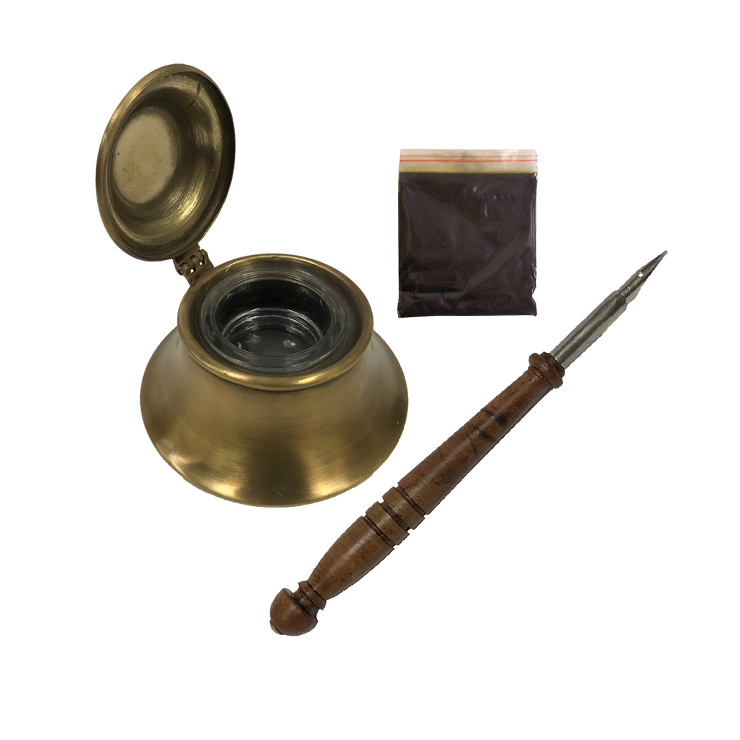 3 Antiqued Brass Inkwell with Wood Nib Pen and Ink Powder