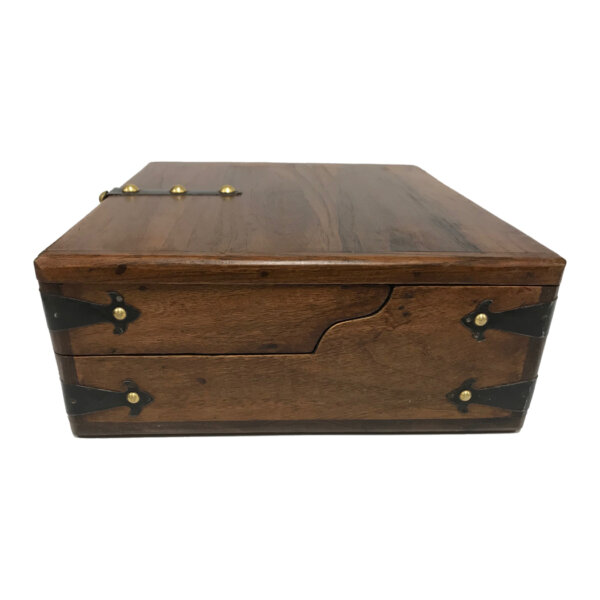 Writing Boxes & Travel Trunks 10-1/2″ Writing Lap Desk –  Antiqued Teak Wood –  Aged Paper –  Nib Pen –  Black Ink –  Clear Inkwell –  Drawer –  Colonial Vintage Reproduction