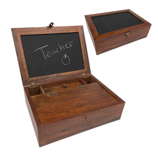 Writing Boxes & Travel Trunks Writing 11-1/2″ x 8-1/4″ Wooden Chest with Chalk Board Lid- Antique Vintage Style