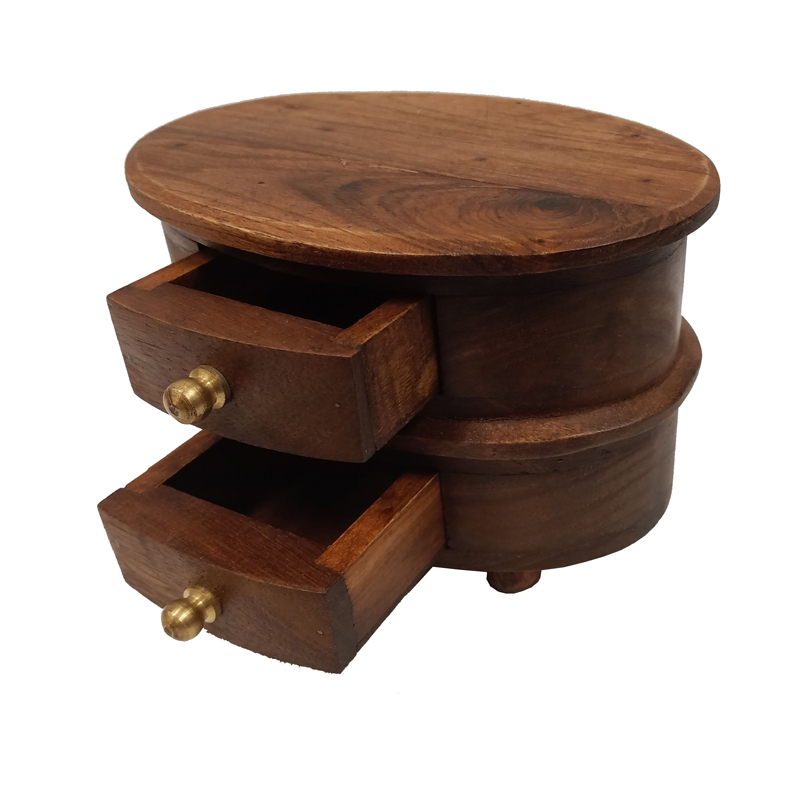 Solid Teak Wood Oval Jewelry or Trinket Box With Two Drawers