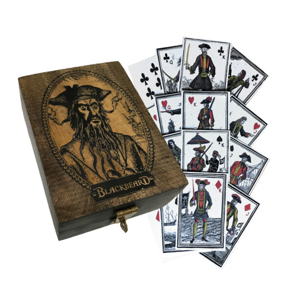 Engraved Blackbeard Edward Teach Portrait Wood Box with Pirate-Themed Playing Cards- Antique Vintage Style