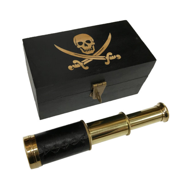 Decorative Boxes Pirate 5″ Engraved Pirate Captain Jack Rackham Flag Antiqued Vintage Solid Mango Wood Box Reproduction with Brass Telescope