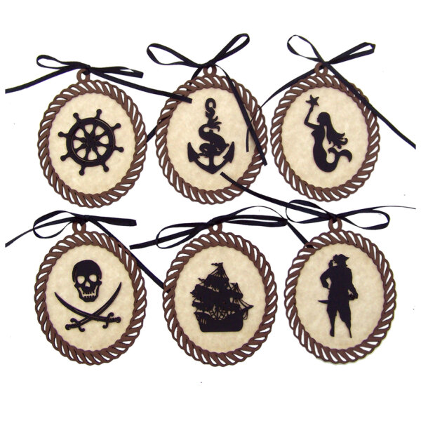 Nautical Decor & Souvenirs Nautical Set of 6 Pirate Silhouette Ornaments with Black Ribbon