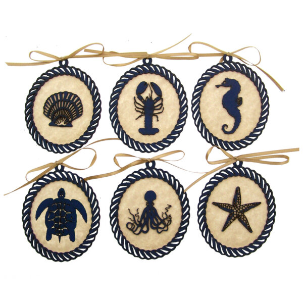 Nautical Decor & Souvenirs Nautical 6 Marine Animals Silhouette Ornaments –  Gold ribbon included. Constructed of sturdy black board and antiqued paper.