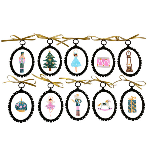 Christmas Decor Christmas Set of 10 Nutcracker Ballet Watercolor Ornaments (Black) –  with Gold Ribbon.