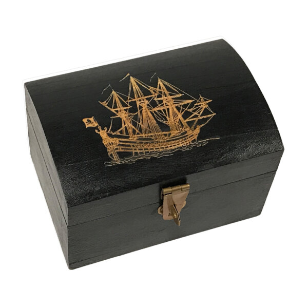 Decorative Boxes Pirate 4-3/4″ Engraved Pirate Ship Vintage Solid Mango Wood Treasure Chest-Shaped Box- Antique Vintage Style