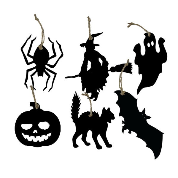 Halloween Decor Halloween Set of 6 Black Halloween Wooden Silhouette Ornaments- Spider –  Witch –  Ghost –  Pumpkin –  Cat –  Bat