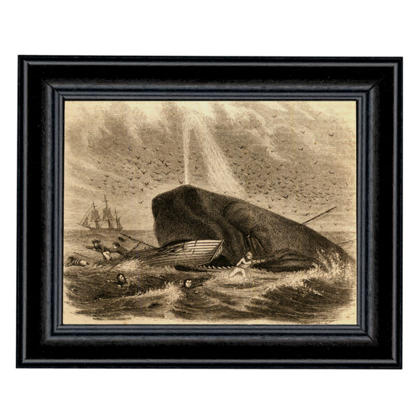 Decor Early American The Whale of Captain DeLois Etching Print Behind Glass