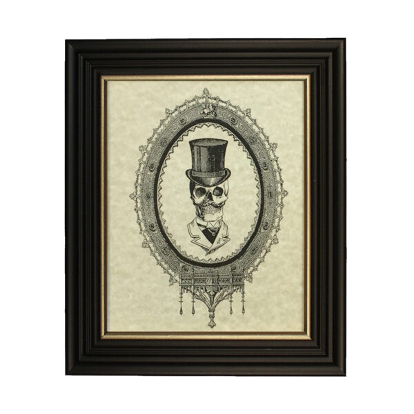 Skull in Top Hat Framed Gothic Halloween Print in Black Wood Frame with Gold Trim- 6x8" Framed to 8x10"