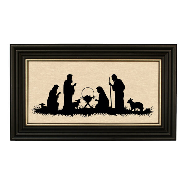 Christmas Nativity Framed Paper Cut Silhouette in Black Wood Frame with Gold Trim. A 5" x 10" framed to 7" x 12".